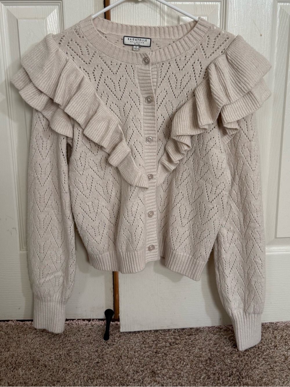 Bagatelle Collection Cream Ruffle Pointelle Cardigan Sweater M